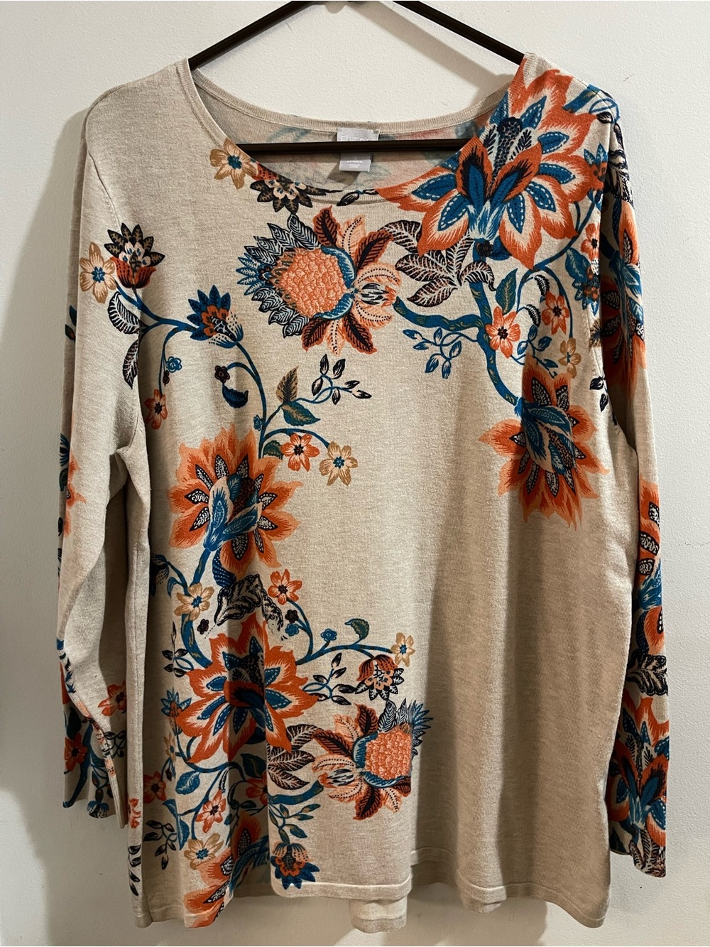 Chico's Beige Long-Sleeve Top with Orange and Blue Floral Print 3